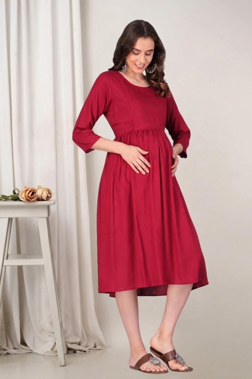 JANGID INDUSTRYS™ Spanish Red EmpireWaist Maternity Dress Cotton Flared Kurti