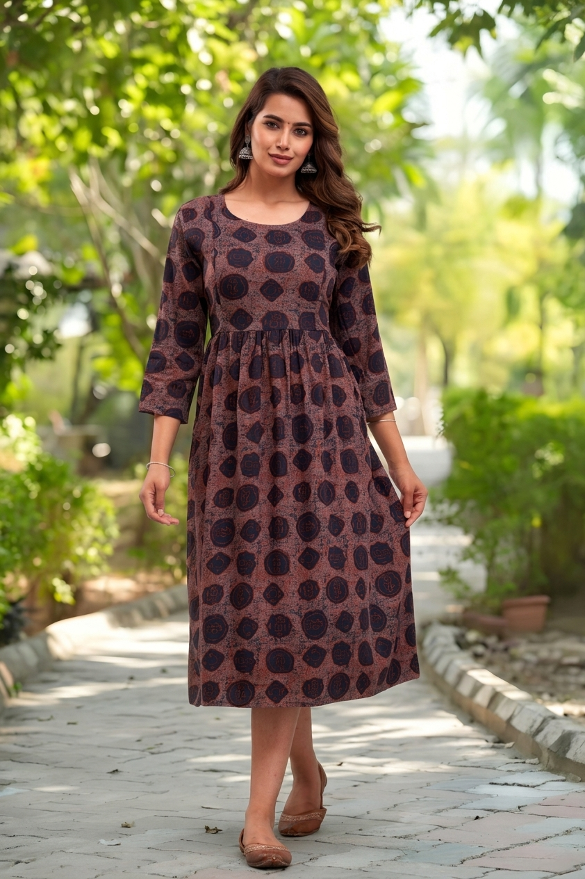 JANGID INDUSTRYS™ Women's Maroon Cotton A-Line Midi Dress with Navy Blue Ethnic Prints