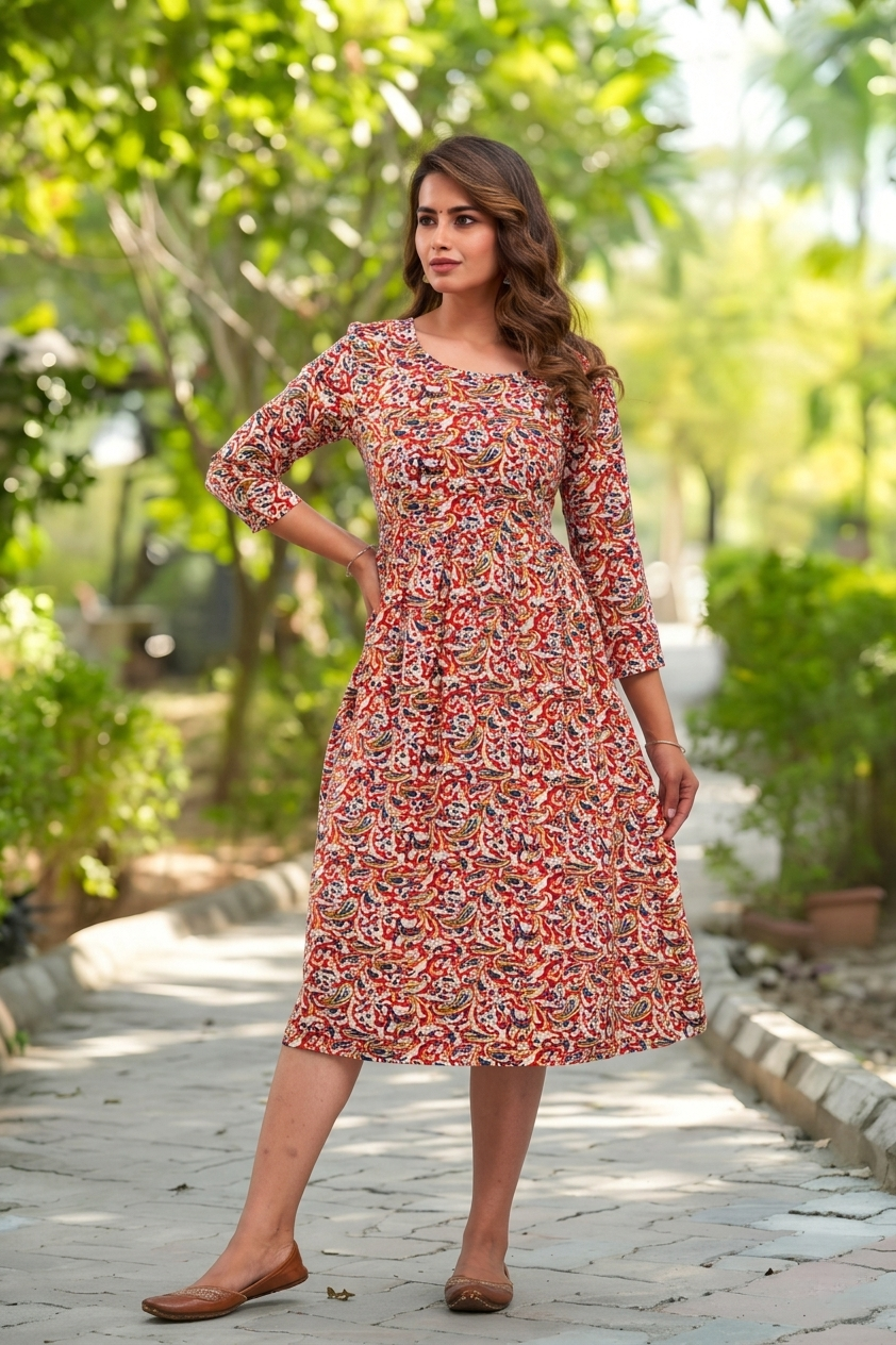 JANGID INDUSTRYS™ Red paisley and floral kalamkari & jaipuri print A-Line Midi Dress