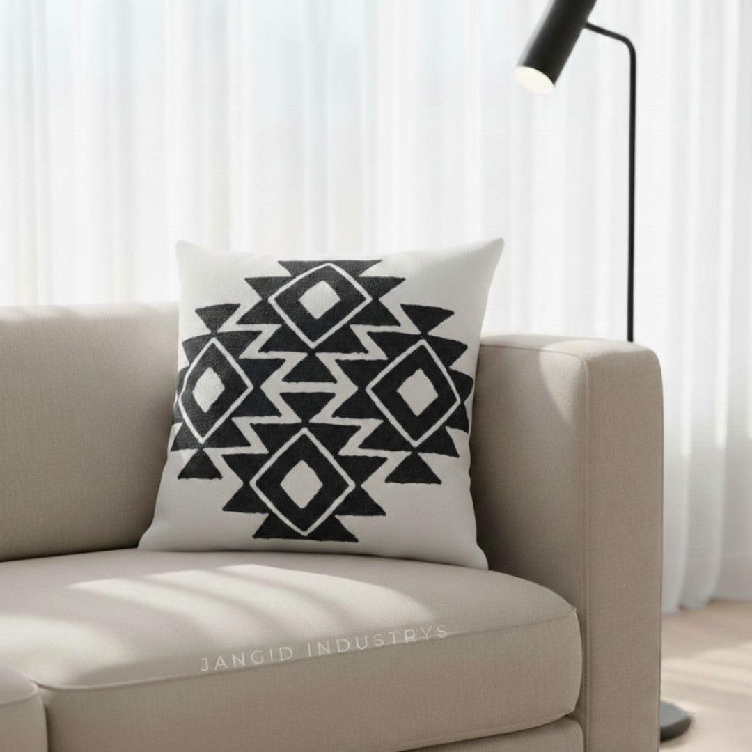 JANGID INDUSTRYS™ Geometric Embroidery Cotton Duck Cushion Cover