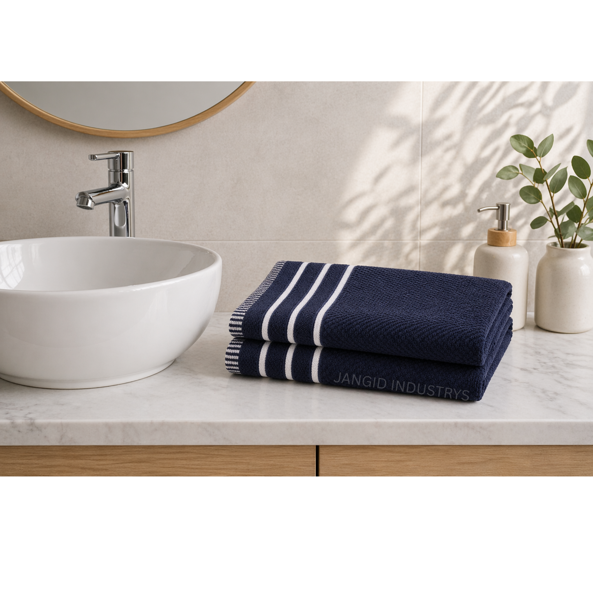 JANGID INDUSTRYS™ Navy Blue Striped Cotton 450 GSM Hand Towels