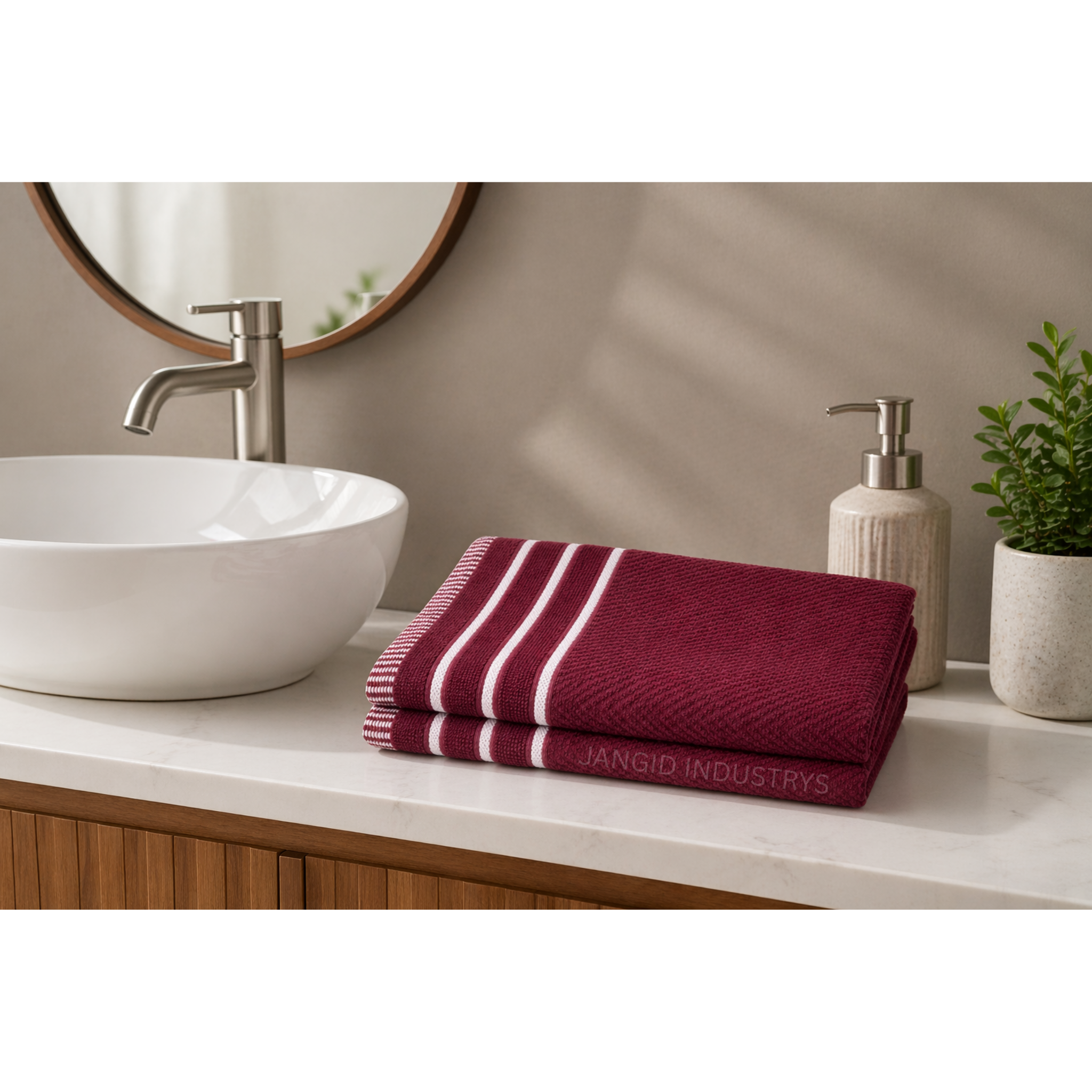 JANGID INDUSTRYS™ Maroon Striped Cotton 450 GSM Hand Towels