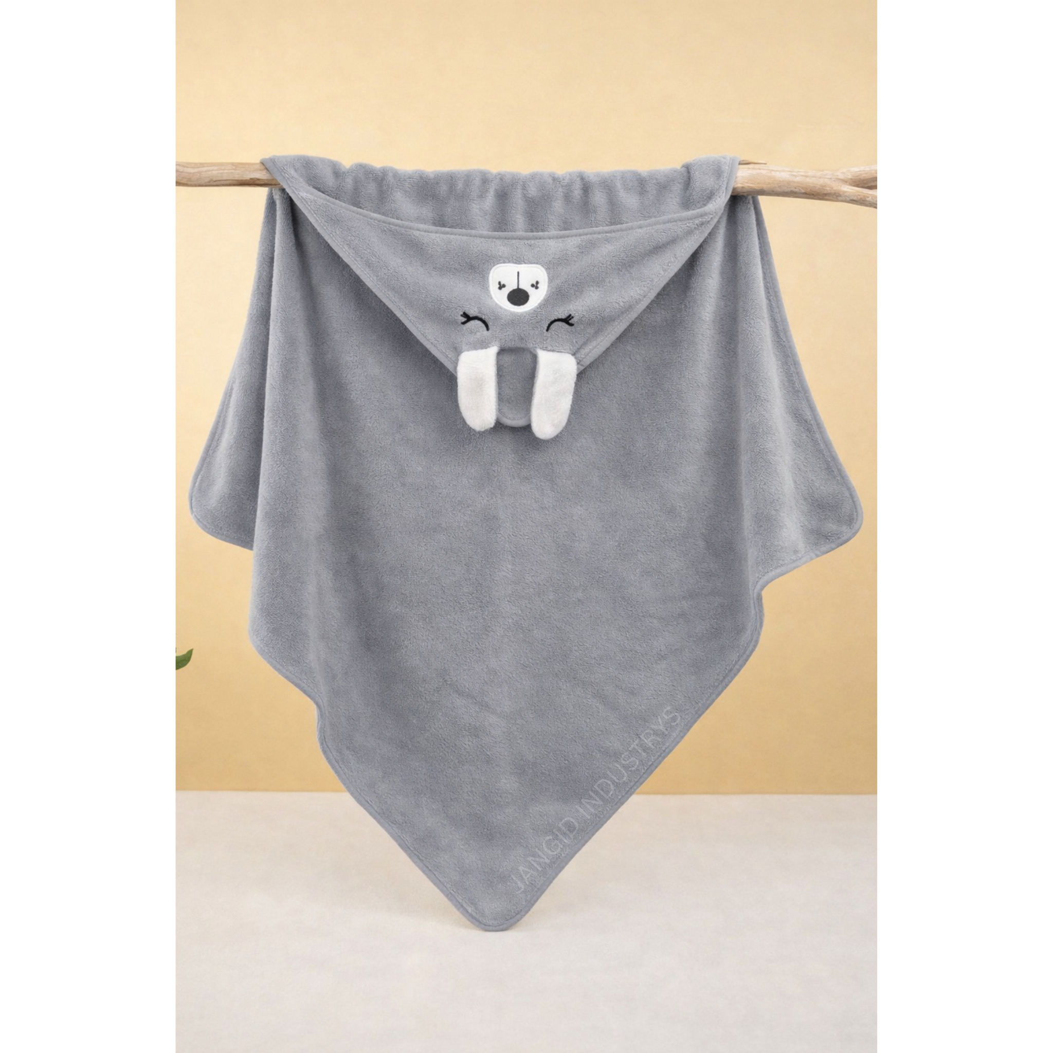 JANGID INDUSTRYS™ Soft Grey Cartoon Face Embroidery Hoodie Baby Towel