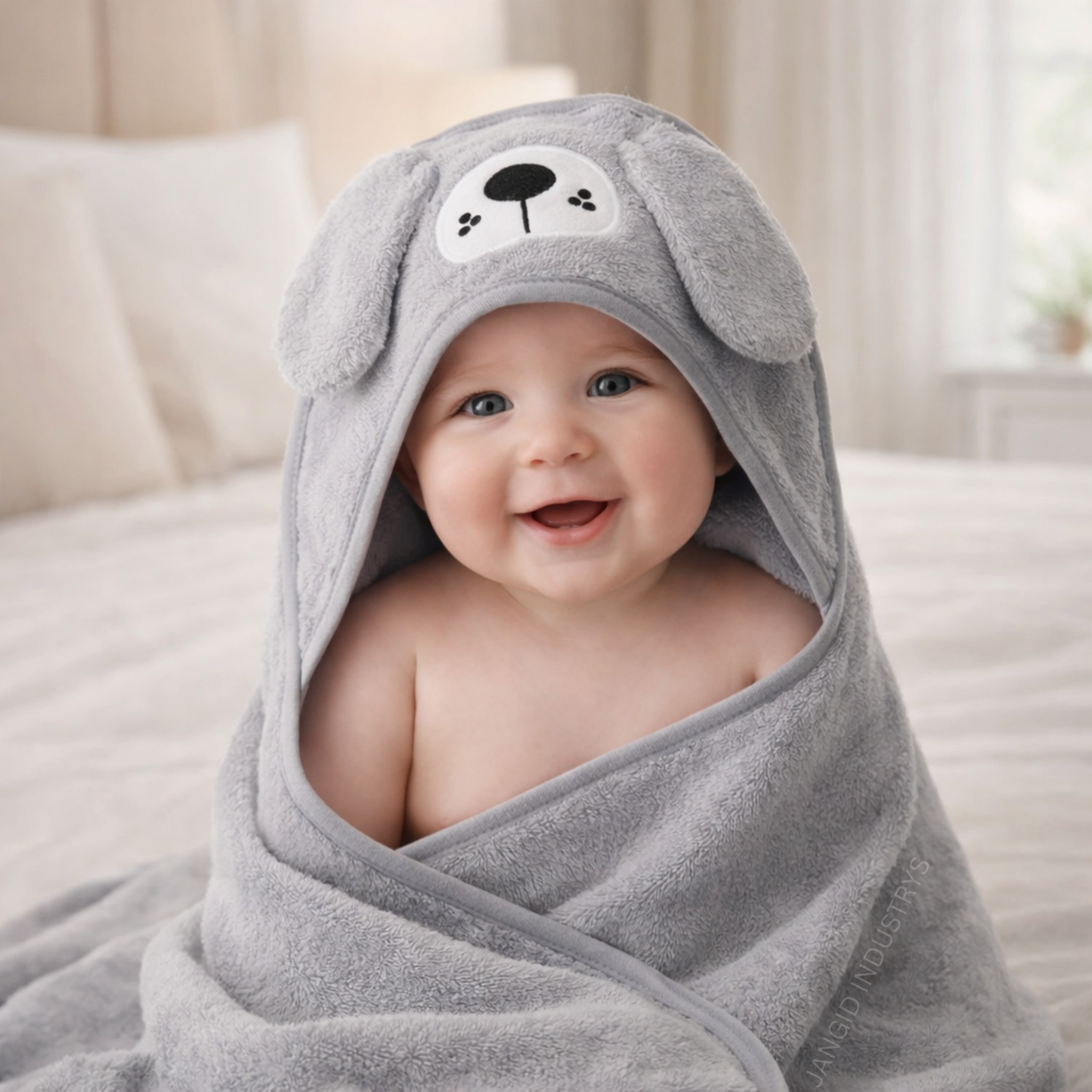 JANGID INDUSTRYS™ Soft Grey Cartoon Face Embroidery Hoodie Baby Towel