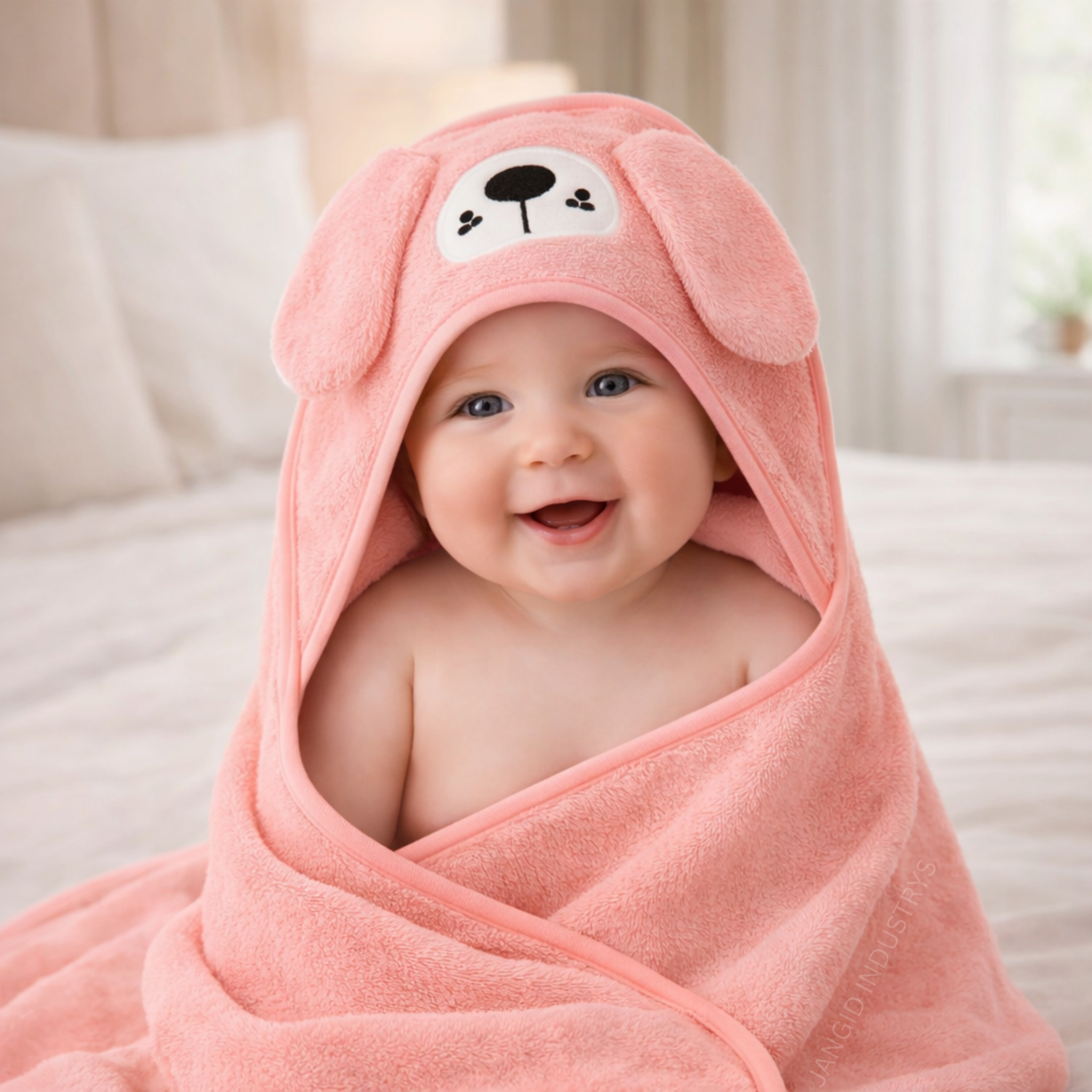 JANGID INDUSTRYS™ Baby Pink Cartoon Face Embroidery Hoodie Baby Towel