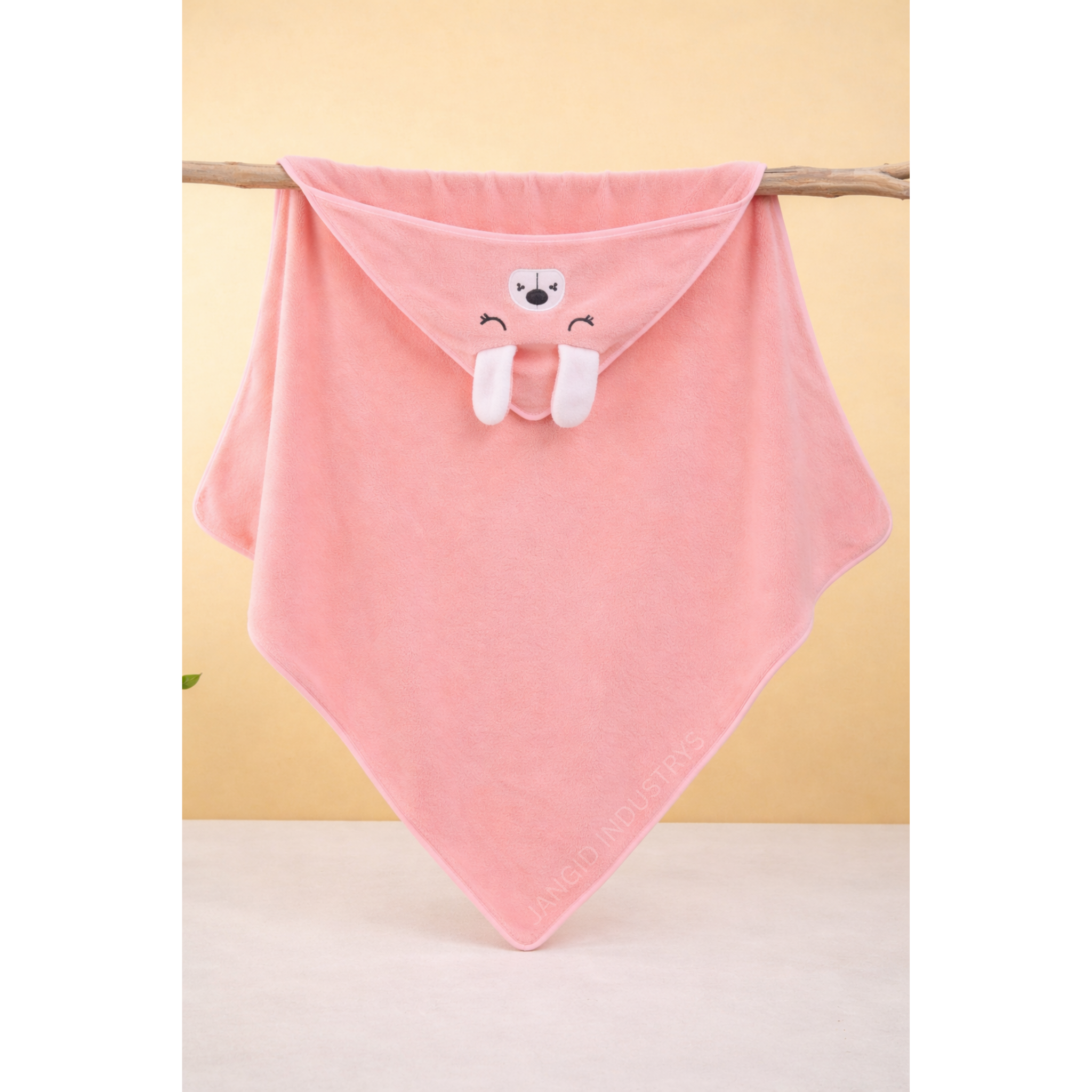JANGID INDUSTRYS™ Baby Pink Cartoon Face Embroidery Hoodie Baby Towel
