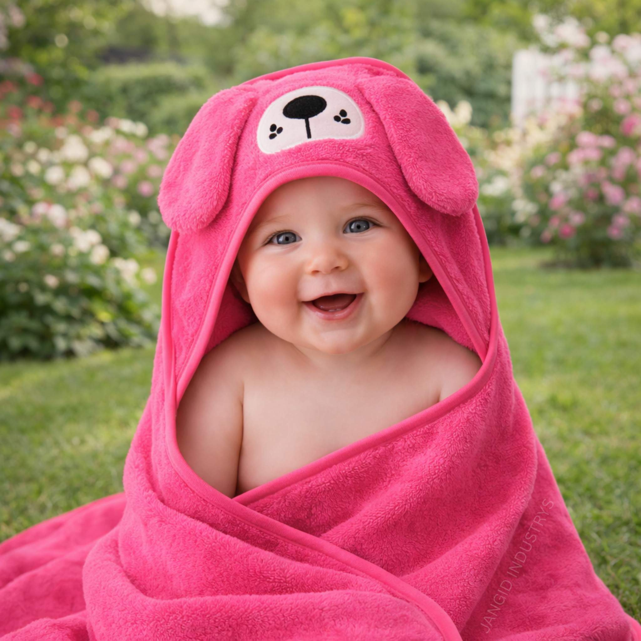 JANGID INDUSTRYS™ Bright Pink Cartoon Face Embroidery Hoodie Baby Towel