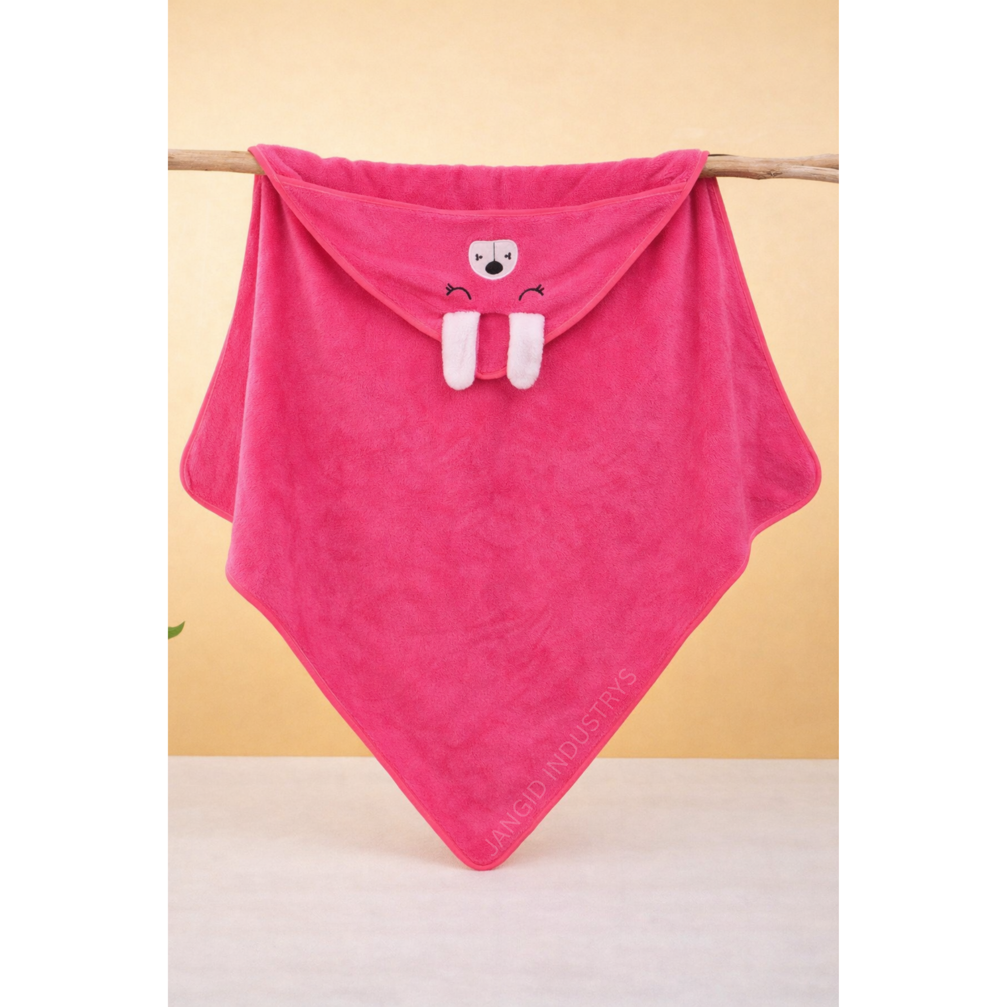 JANGID INDUSTRYS™ Bright Pink Cartoon Face Embroidery Hoodie Baby Towel