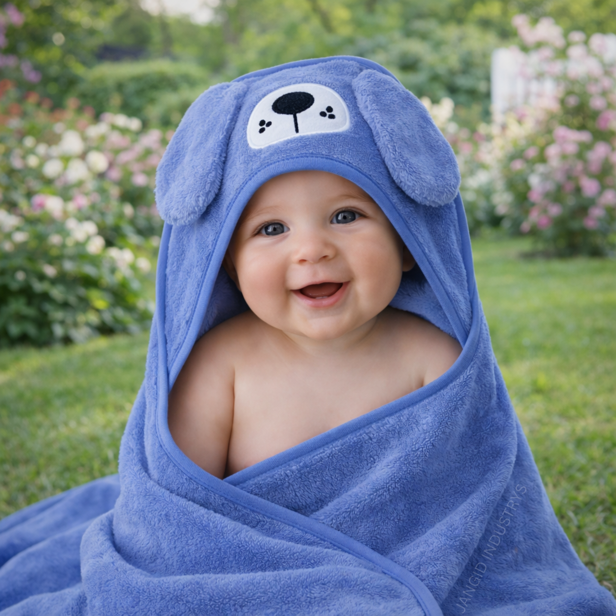 JANGID INDUSTRYS™ Royal Blue Cartoon Face Embroidery Hoodie Baby Towel