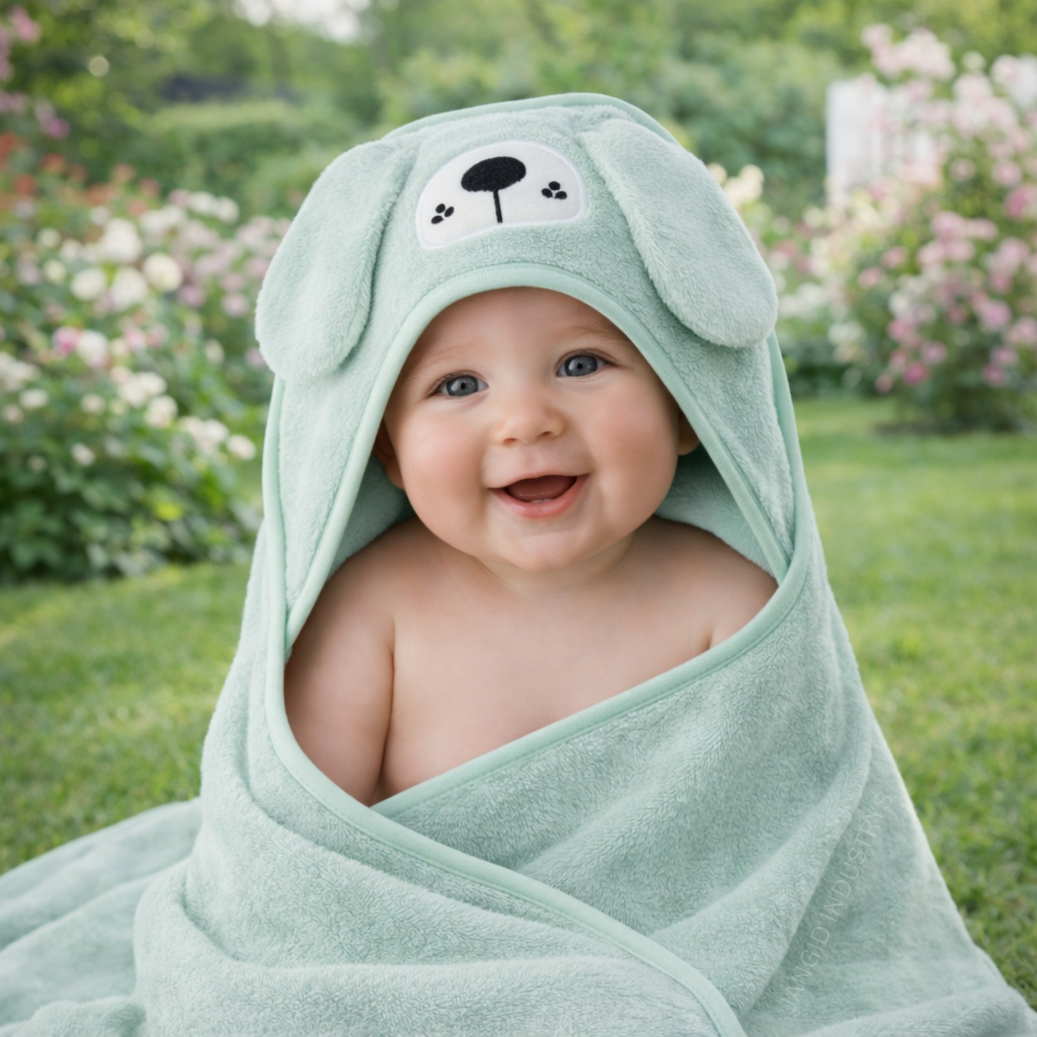JANGID INDUSTRYS™ Pastel Green Cartoon Face Embroidery Hoodie Baby Towel
