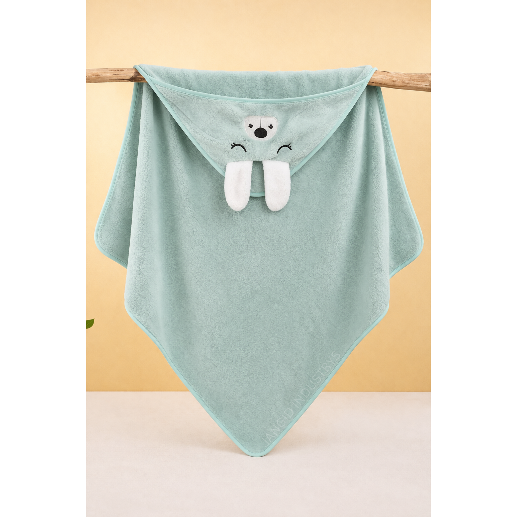 JANGID INDUSTRYS™ Pastel Green Cartoon Face Embroidery Hoodie Baby Towel