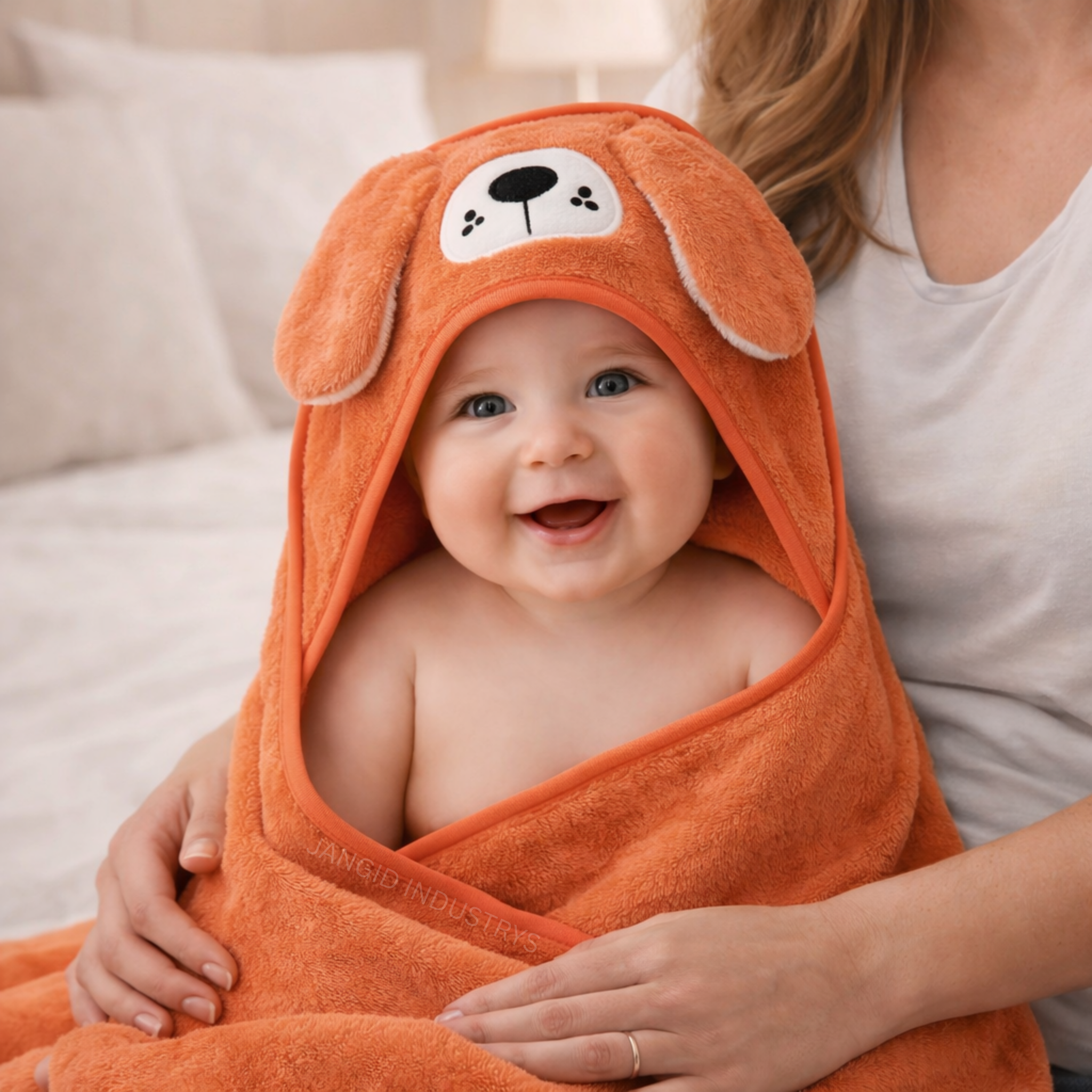 JANGID INDUSTRYS™ Burnt Orange Cartoon Face Embroidery Hoodie Baby Towel
