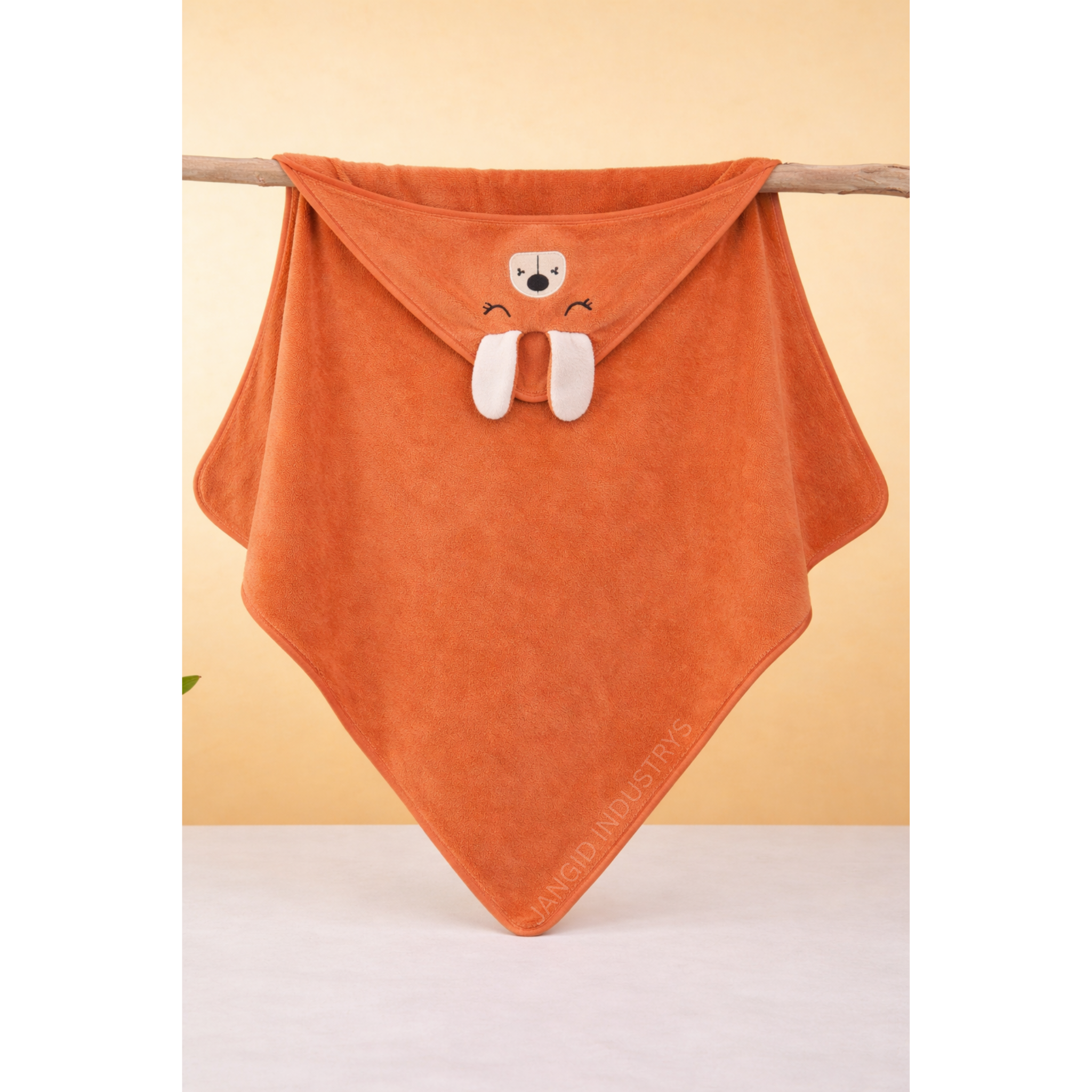 JANGID INDUSTRYS™ Burnt Orange Cartoon Face Embroidery Hoodie Baby Towel